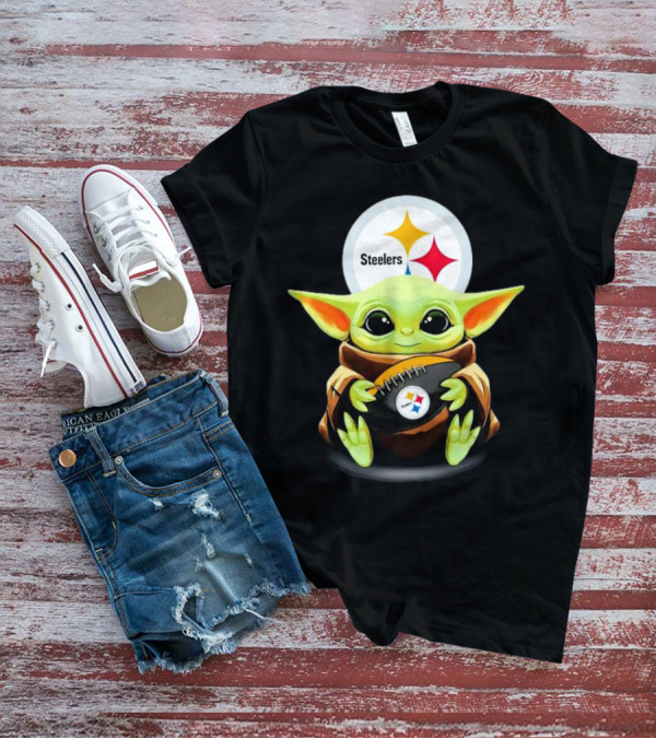 Baby Yoda Holding Pittsburgh Steelers Football T-Shirt