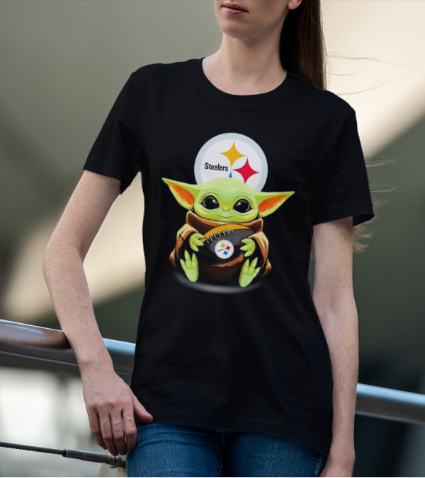 Baby Yoda Holding Pittsburgh Steelers Football T-Shirt