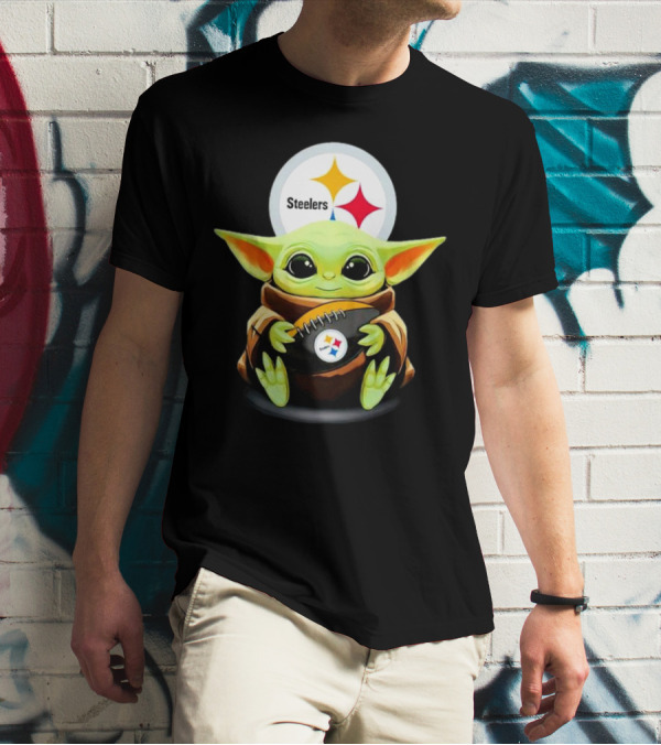 Baby Yoda Holding Pittsburgh Steelers Football T-Shirt