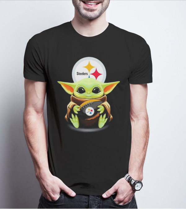 Baby Yoda Holding Pittsburgh Steelers Football T-Shirt