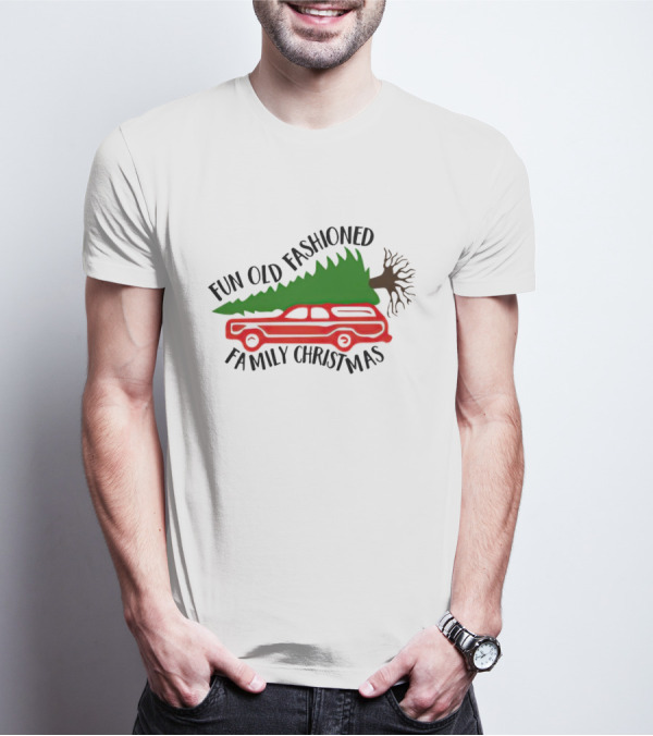 Fun Old Fashioned Family Christmas Station Wagon Tree Scene T-Shirt