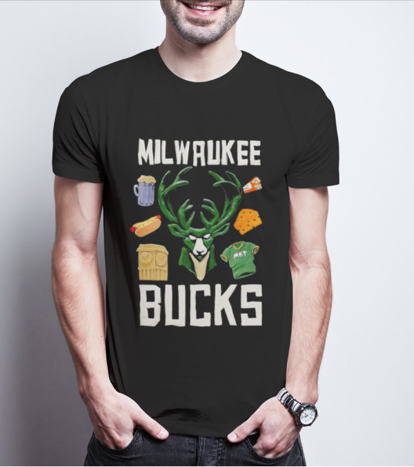 Milwaukee Bucks NBA Market Claymation Deer Cheese Hot Dog Beer T-Shirt