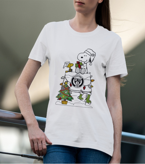 Snoopy Woodstock Christmas Igloo Brooklyn Nets Holiday Scene T-Shirt