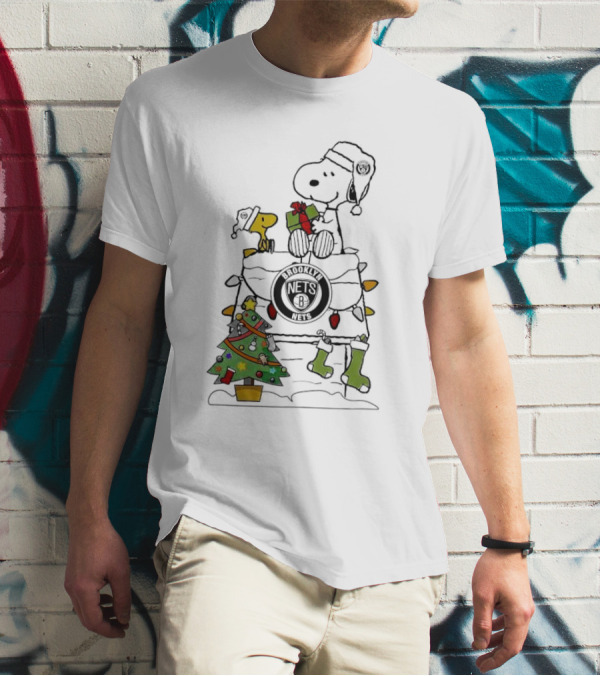 Snoopy Woodstock Christmas Igloo Brooklyn Nets Holiday Scene T-Shirt