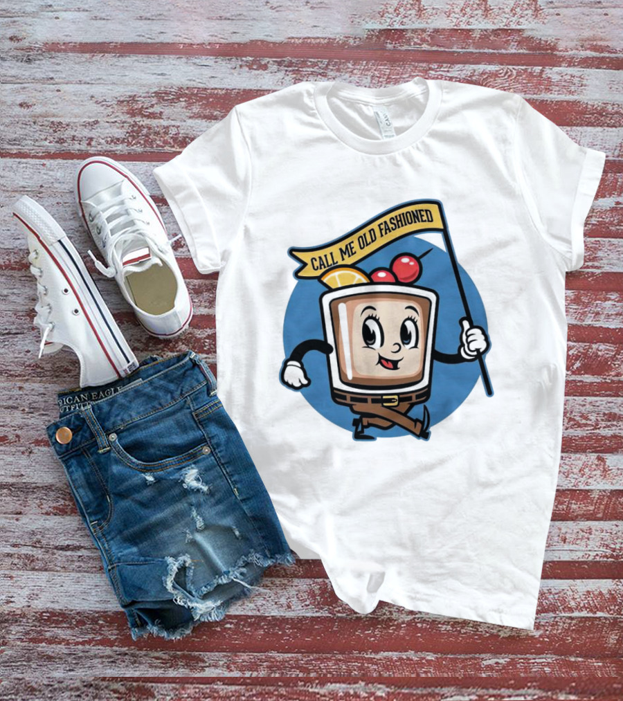 Whiskey Call Me Old Fashioned Cartoon Drink Character With Flag And Cherries T-Shirt