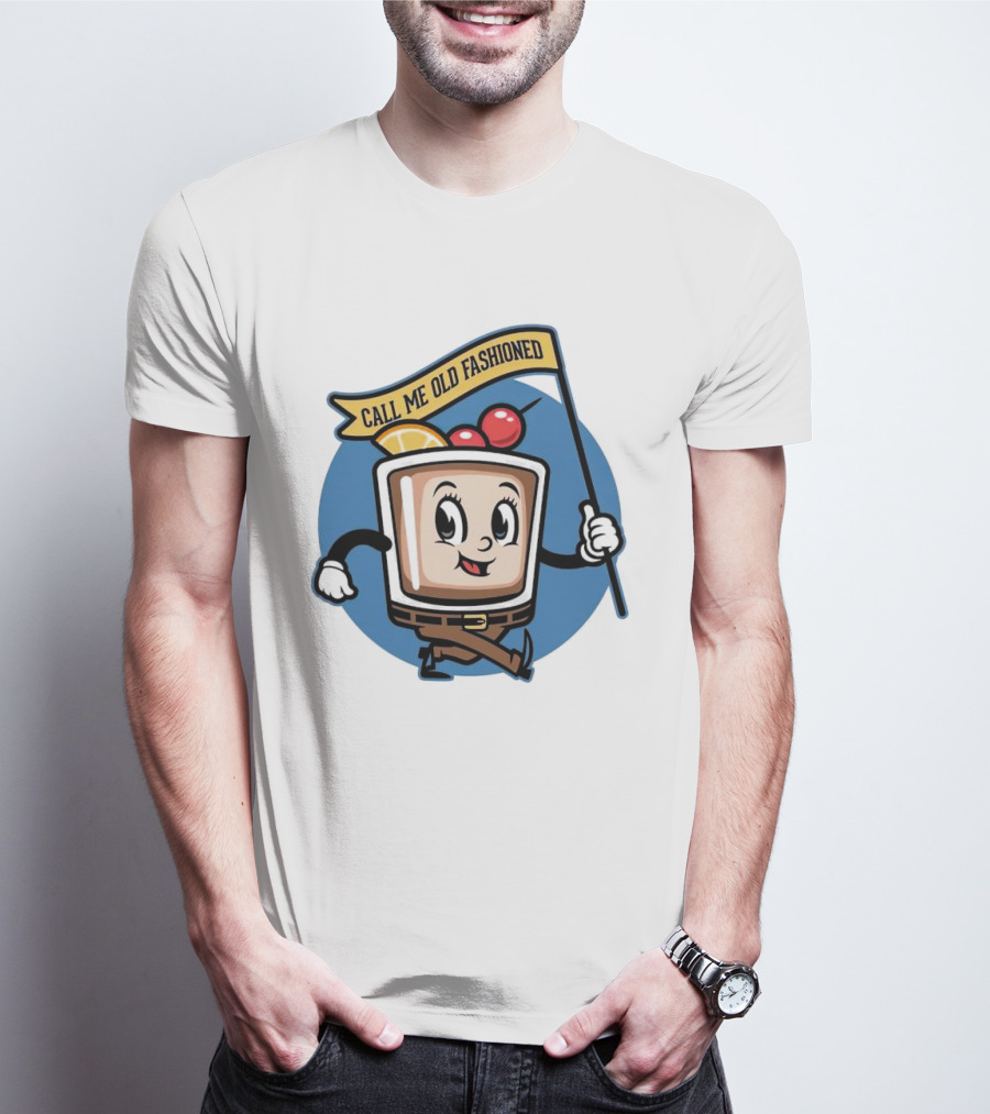 Whiskey Call Me Old Fashioned Cartoon Drink Character With Flag And Cherries T-Shirt