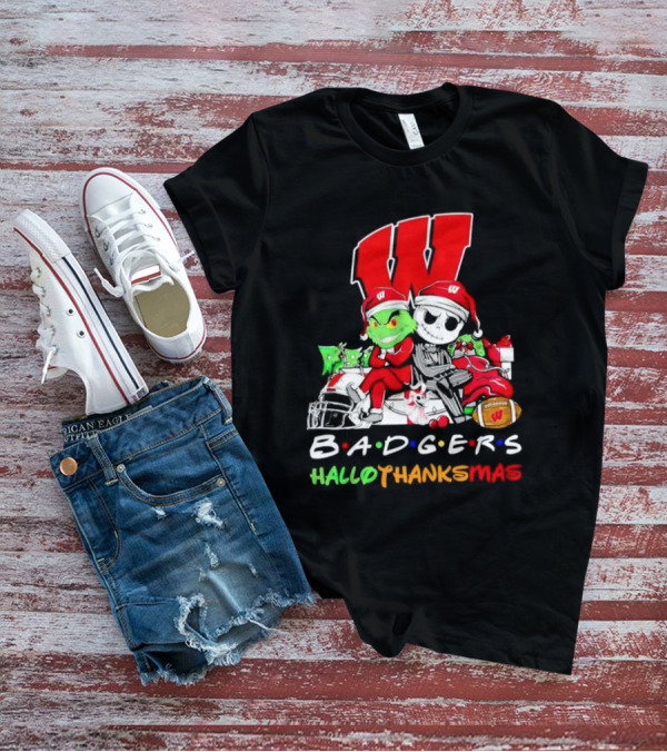 Badgers HalloThanksMas Grinch Jack Skellington Friends Football W T-Shirt