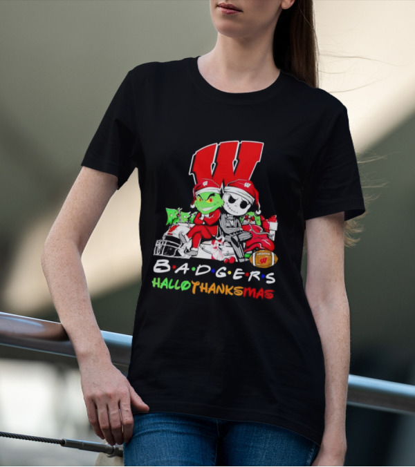 Badgers HalloThanksMas Grinch Jack Skellington Friends Football W T-Shirt