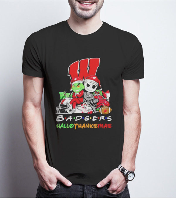 Badgers HalloThanksMas Grinch Jack Skellington Friends Football W T-Shirt