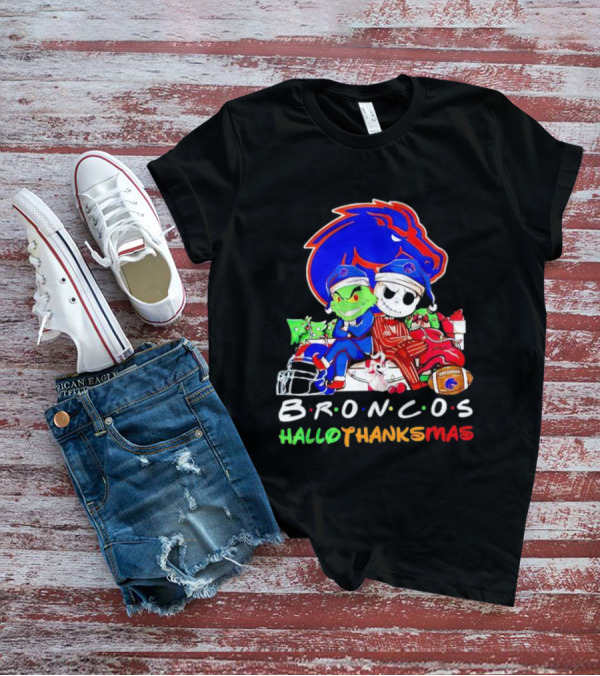 Broncos HalloThanksMas Grinch And Jack Skellington Friends T-Shirt
