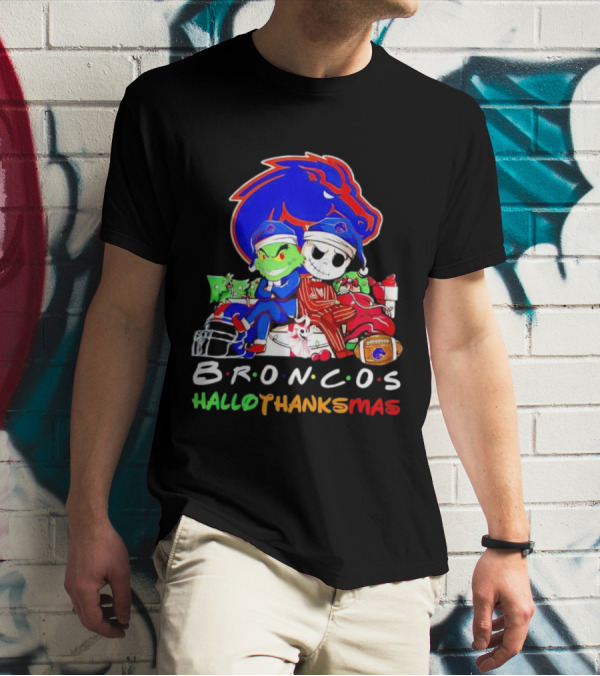 Broncos HalloThanksMas Grinch And Jack Skellington Friends T-Shirt