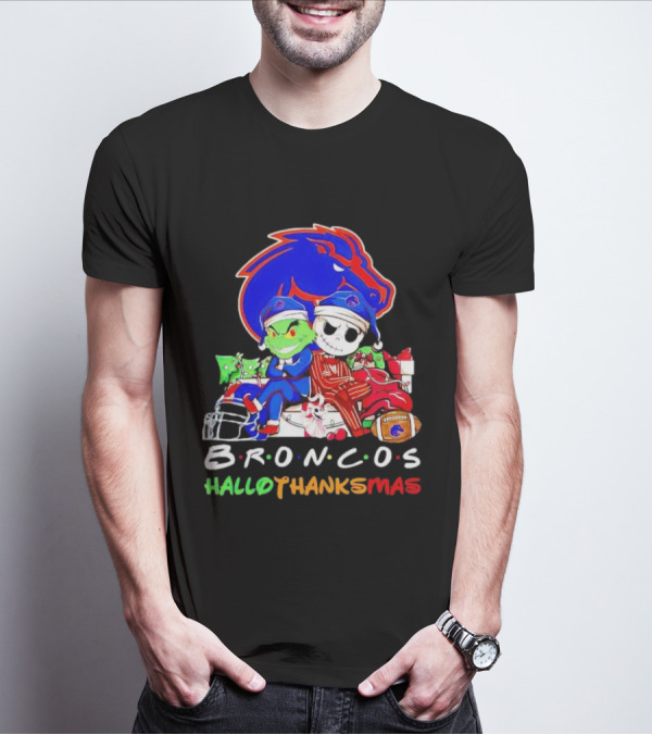 Broncos HalloThanksMas Grinch And Jack Skellington Friends T-Shirt