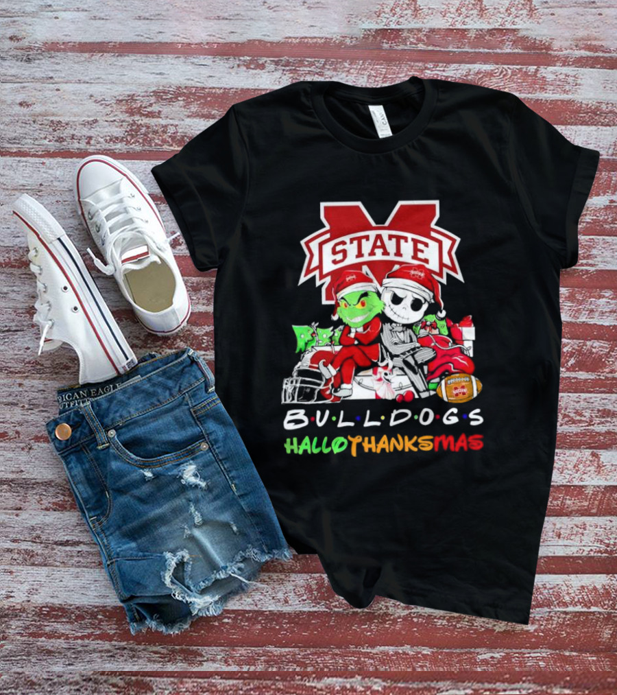 State Bulldogs Grinch And Jack Skellington HalloThanksMas T-Shirt