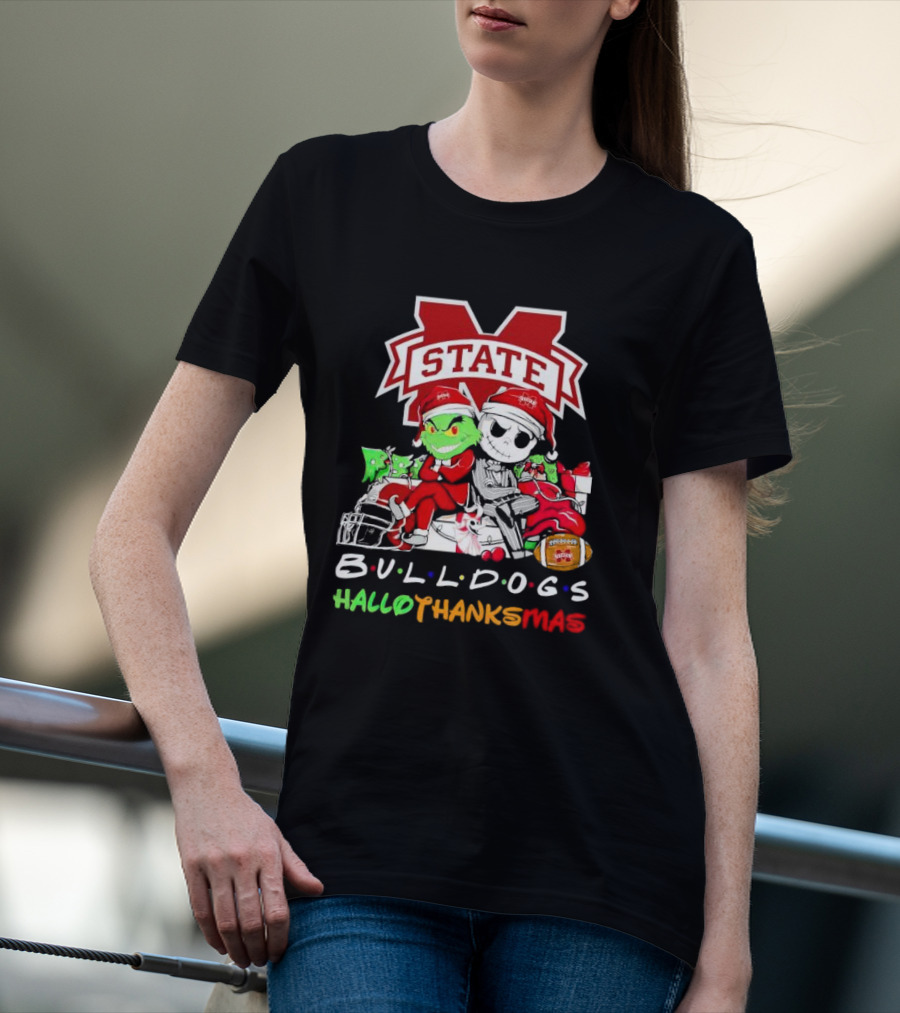 State Bulldogs Grinch And Jack Skellington HalloThanksMas T-Shirt