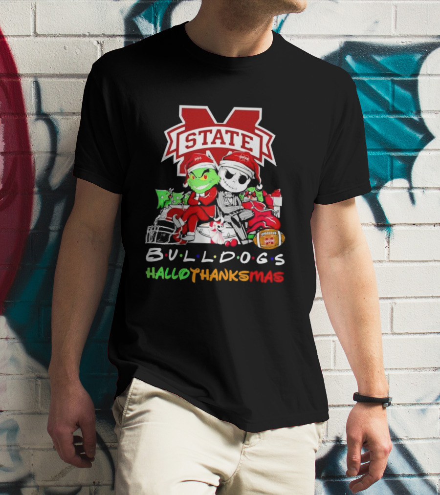 State Bulldogs Grinch And Jack Skellington HalloThanksMas T-Shirt