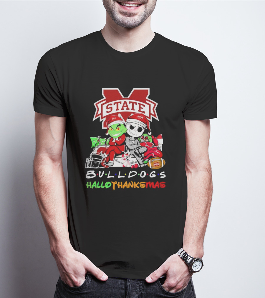 State Bulldogs Grinch And Jack Skellington HalloThanksMas T-Shirt