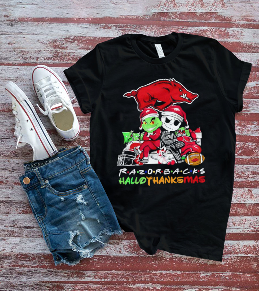 Razorbacks Grinch Jack Skellington Friends HalloThanksMas T-Shirt
