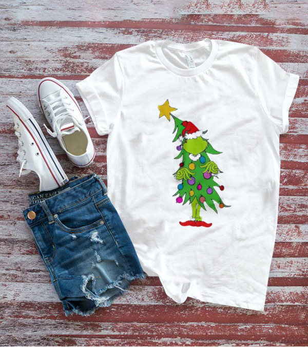Grinch Christmas Tree Costume With Star And Ornaments T-Shirt