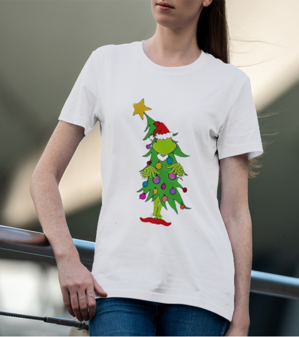Grinch Christmas Tree Costume With Star And Ornaments T-Shirt