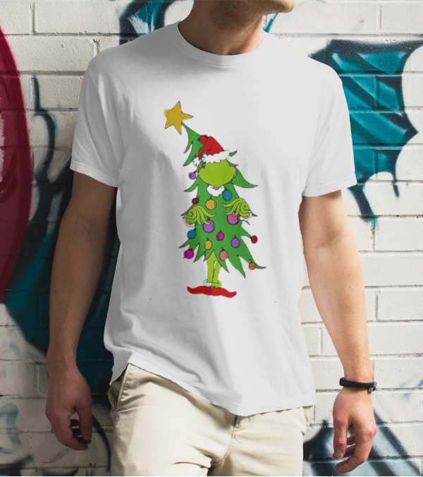 Grinch Christmas Tree Costume With Star And Ornaments T-Shirt