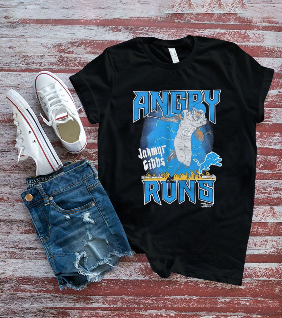 Jahmyr Gibbs Angry Runs Detroit Football Flames And Lion T-Shirt