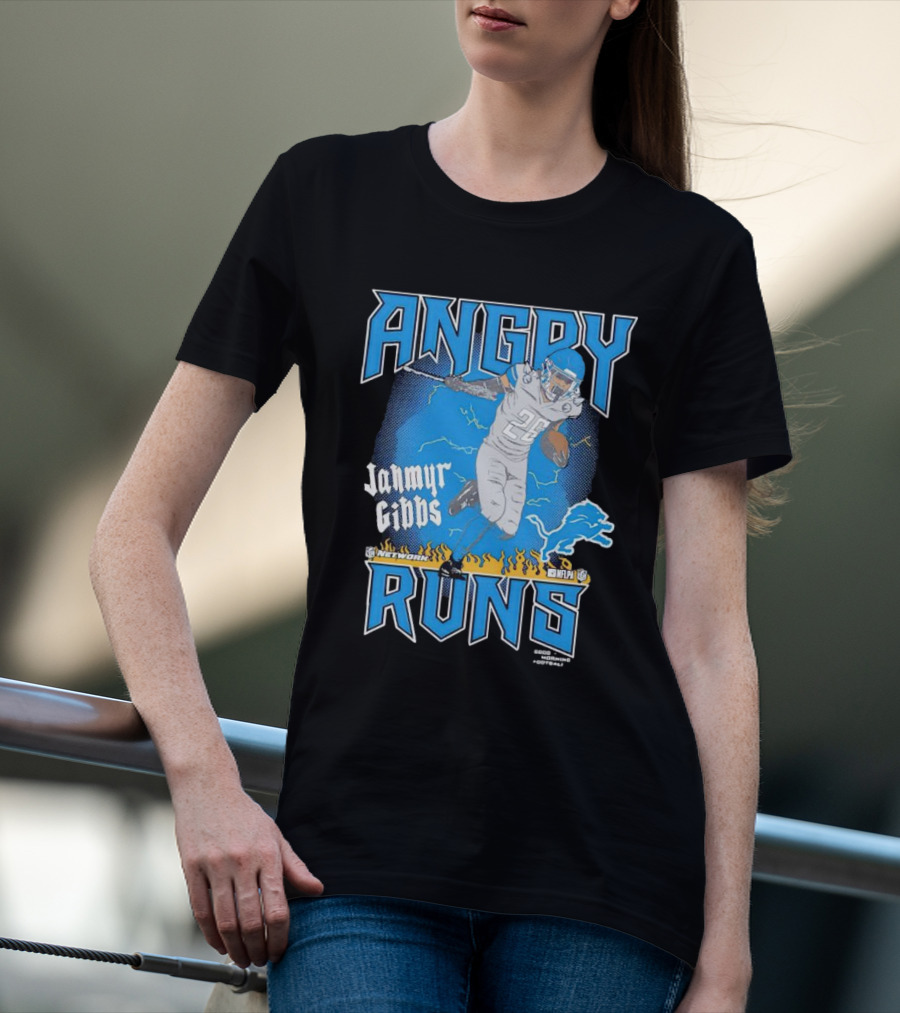 Jahmyr Gibbs Angry Runs Detroit Football Flames And Lion T-Shirt