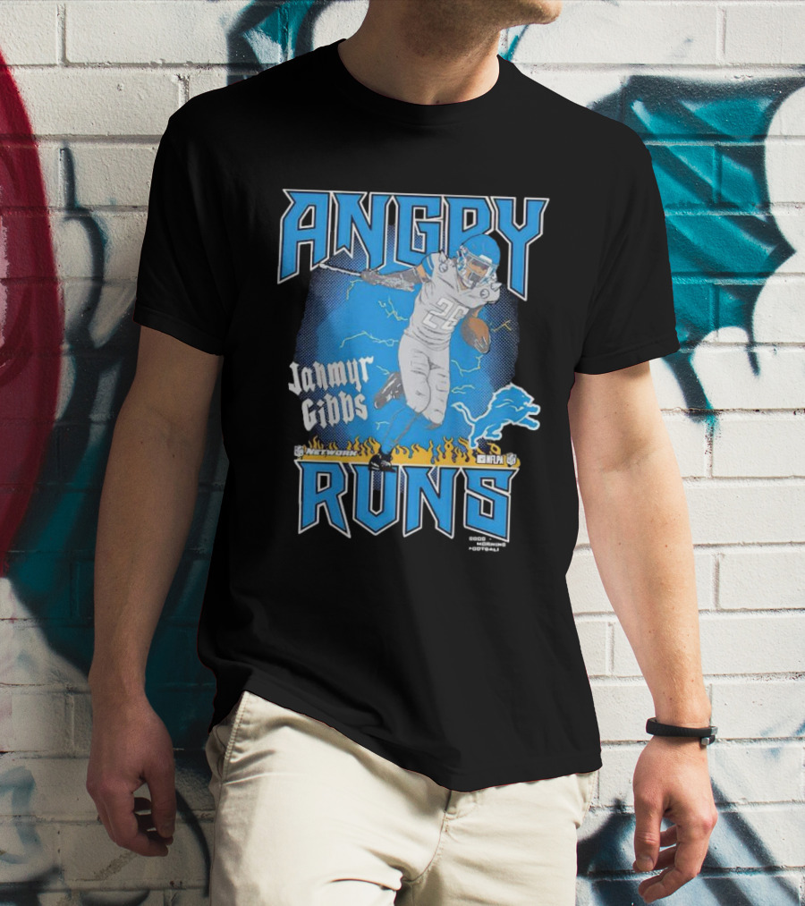 Jahmyr Gibbs Angry Runs Detroit Football Flames And Lion T-Shirt