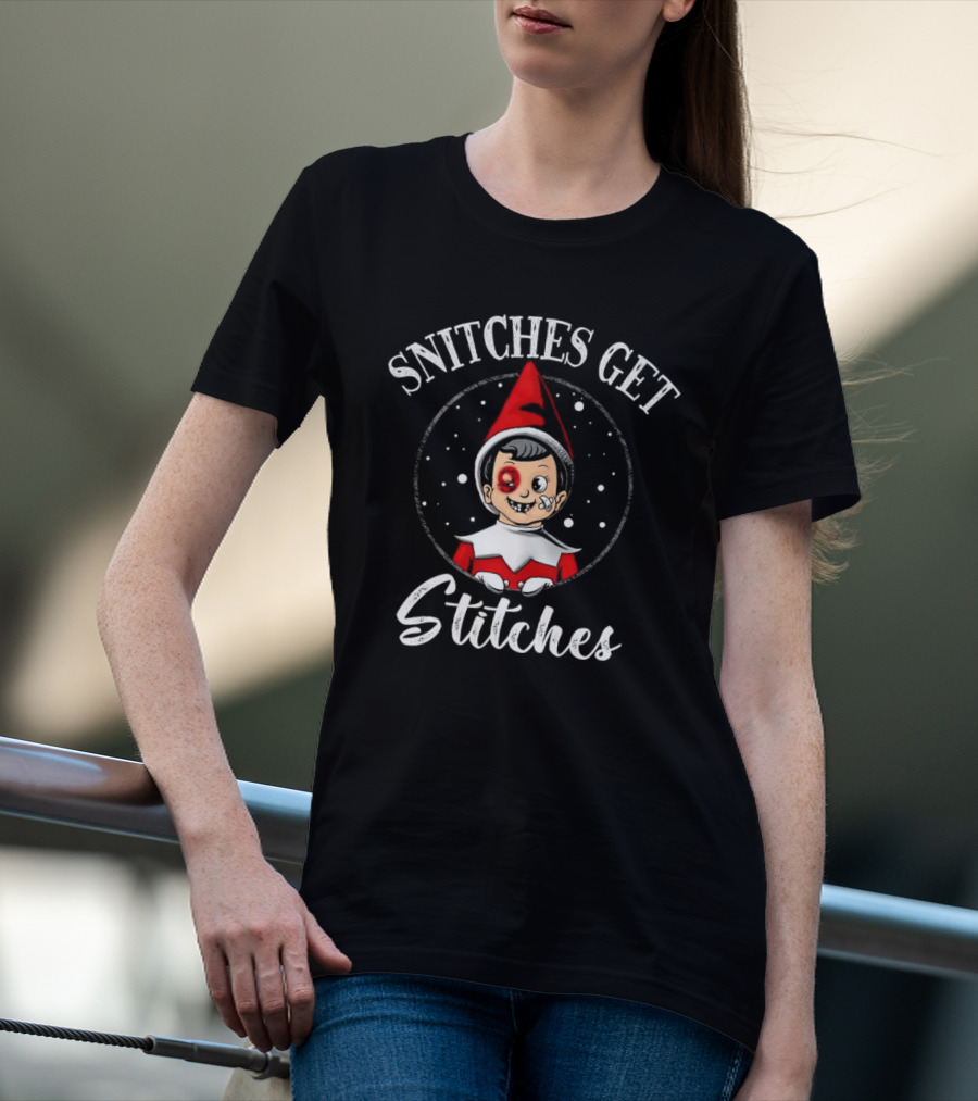 SNITCHES GET STITCHES Elf Red Hat Black Eye Snowflakes T-Shirt