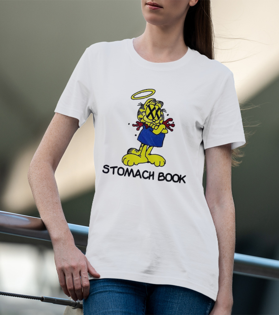 Garfield Stomach Book Angel Halo Yellow X Eyes Blue Red Blood T-Shirt
