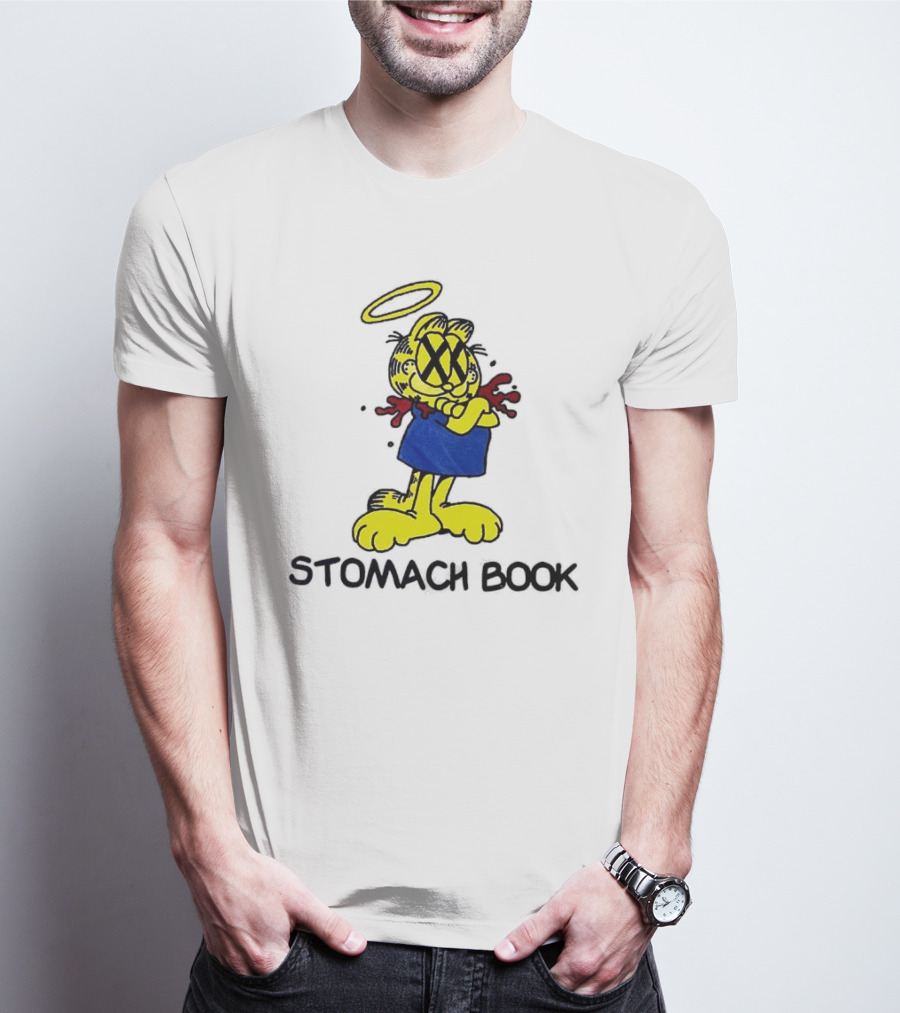 Garfield Stomach Book Angel Halo Yellow X Eyes Blue Red Blood T-Shirt