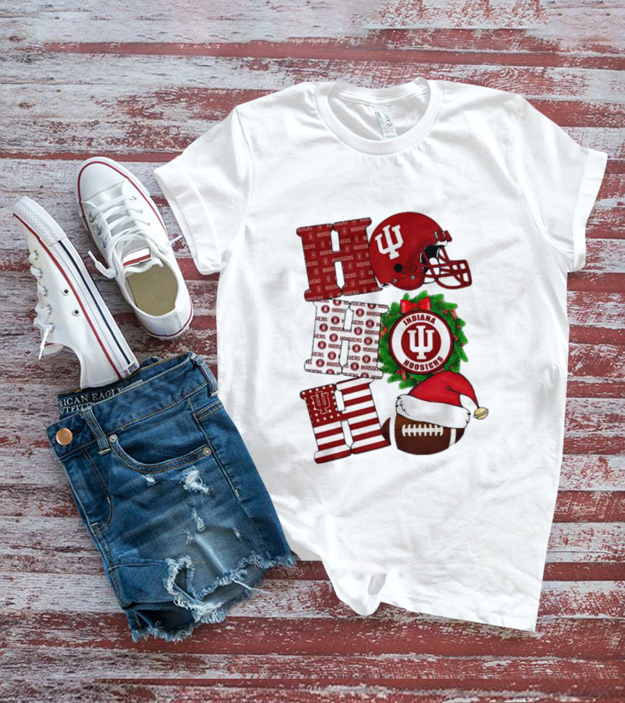 Indiana Hoosiers Christmas Ho Ho Ho Football Helmet Wreath Santa Hat T-Shirt