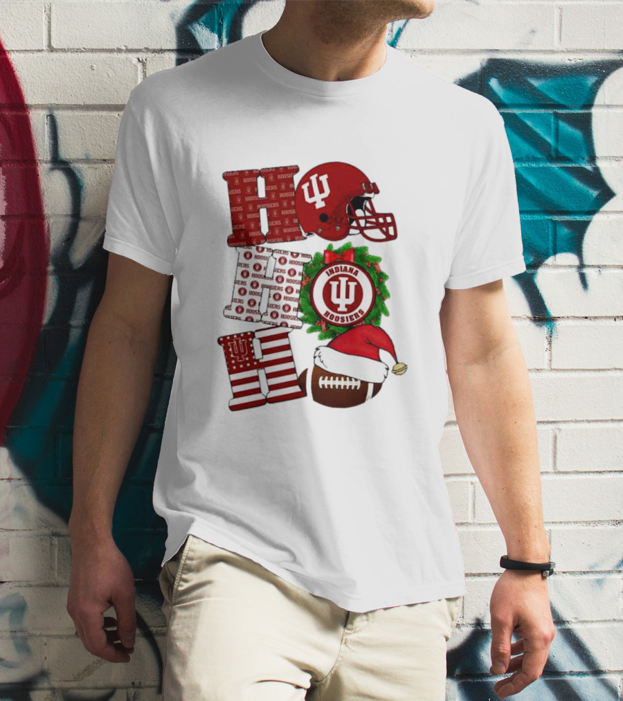 Indiana Hoosiers Christmas Ho Ho Ho Football Helmet Wreath Santa Hat T-Shirt
