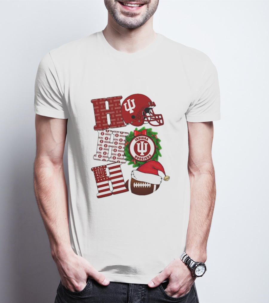 Indiana Hoosiers Christmas Ho Ho Ho Football Helmet Wreath Santa Hat T-Shirt