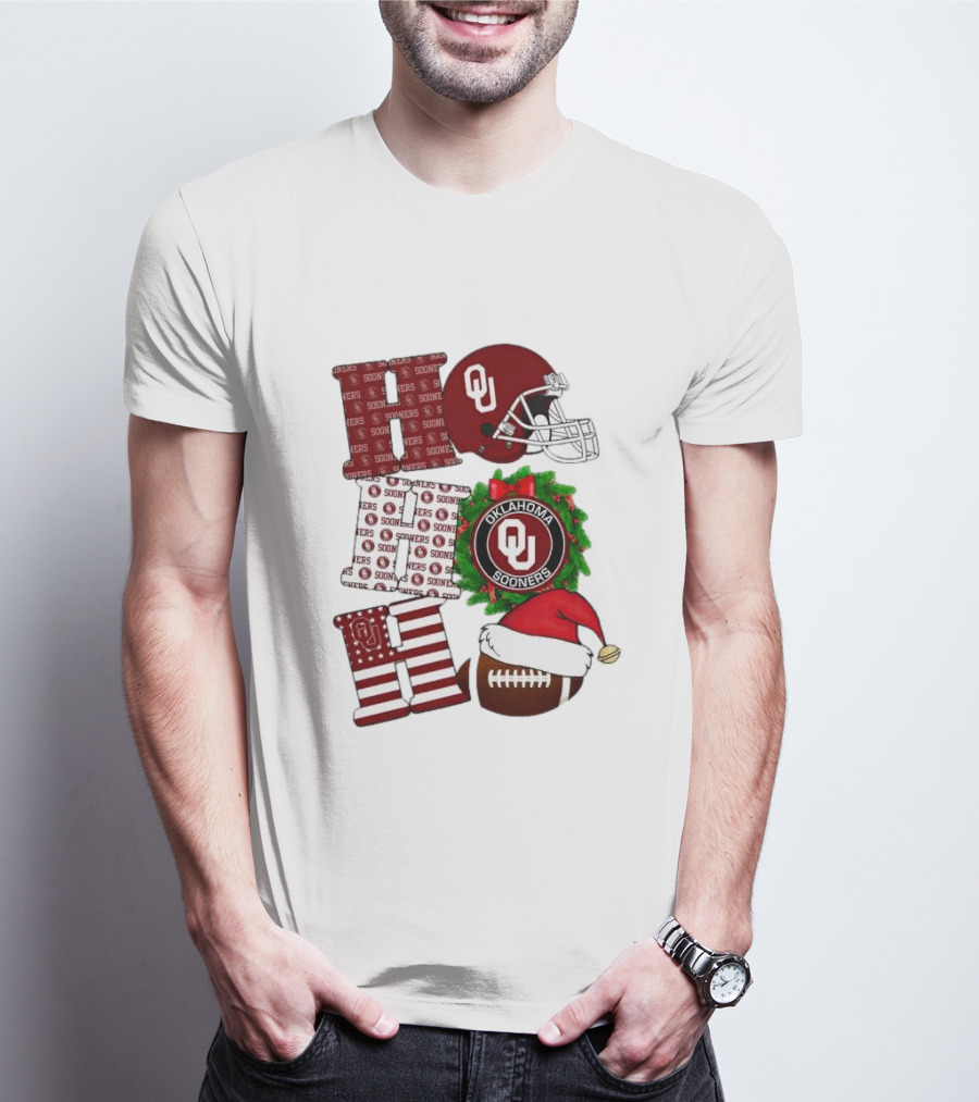Oklahoma Sooners OU Helmet Wreath Football Santa Ho Ho Ho Christmas T-Shirt