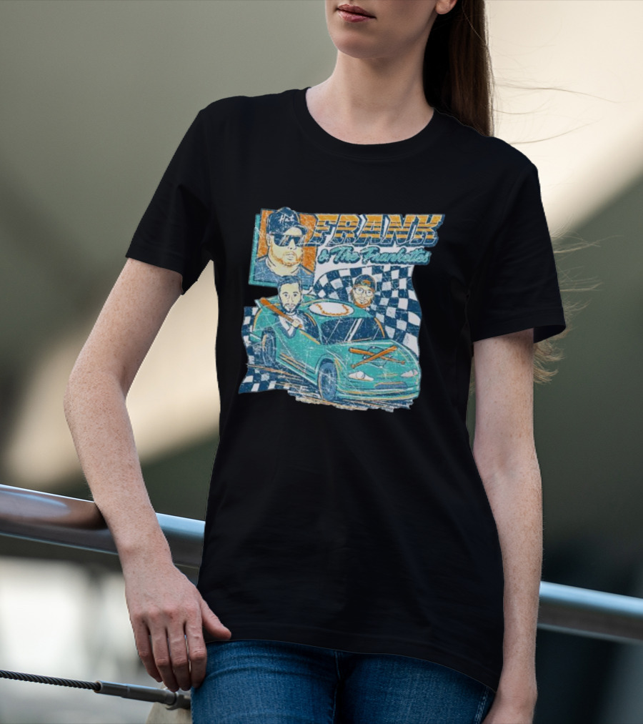 Frank And The Frankettes Racing Car Adventure With Checkered Flags And Cartoon Characters T-Shirt