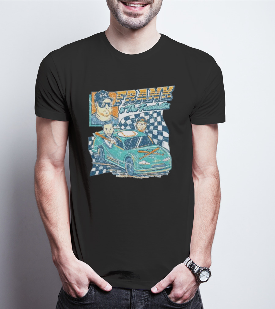 Frank And The Frankettes Racing Car Adventure With Checkered Flags And Cartoon Characters T-Shirt