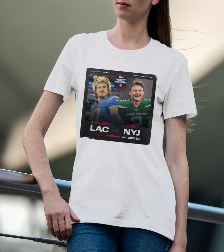 Justin Herbert Vs Zach Wilson Los Angeles Chargers Vs New York Jets ESPN Monday Night Football LAC Vs NYJ NFL 8:15 PM ET T-Shirt