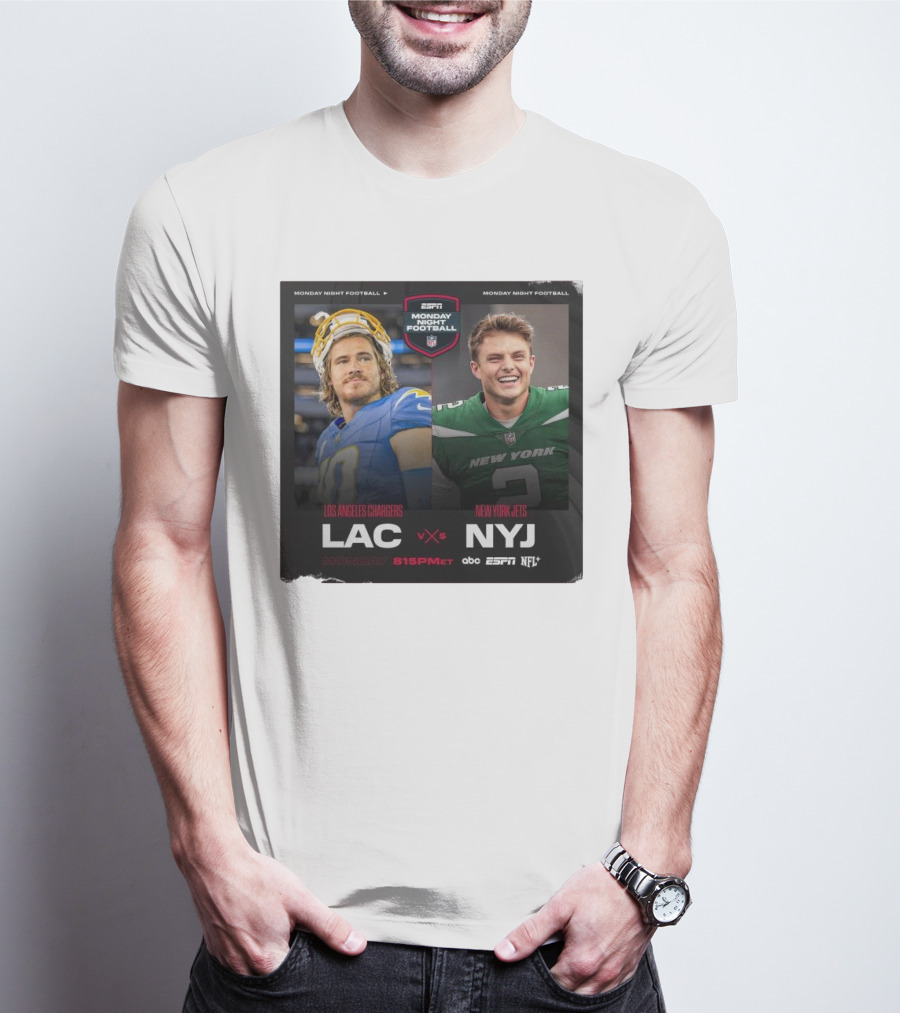 Justin Herbert Vs Zach Wilson Los Angeles Chargers Vs New York Jets ESPN Monday Night Football LAC Vs NYJ NFL 8:15 PM ET T-Shirt