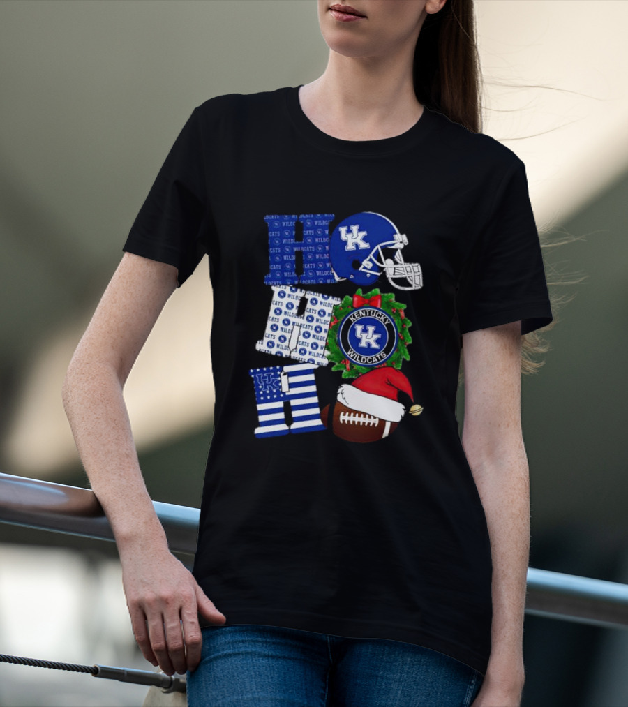 Kentucky Wildcats Ho Ho Ho Football Helmet Wreath Christmas T-Shirt