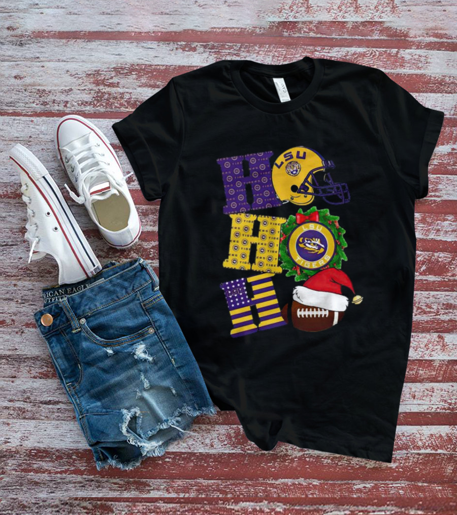 LSU Tigers Christmas Helmet Wreath Football Ho Ho Ho T-Shirt