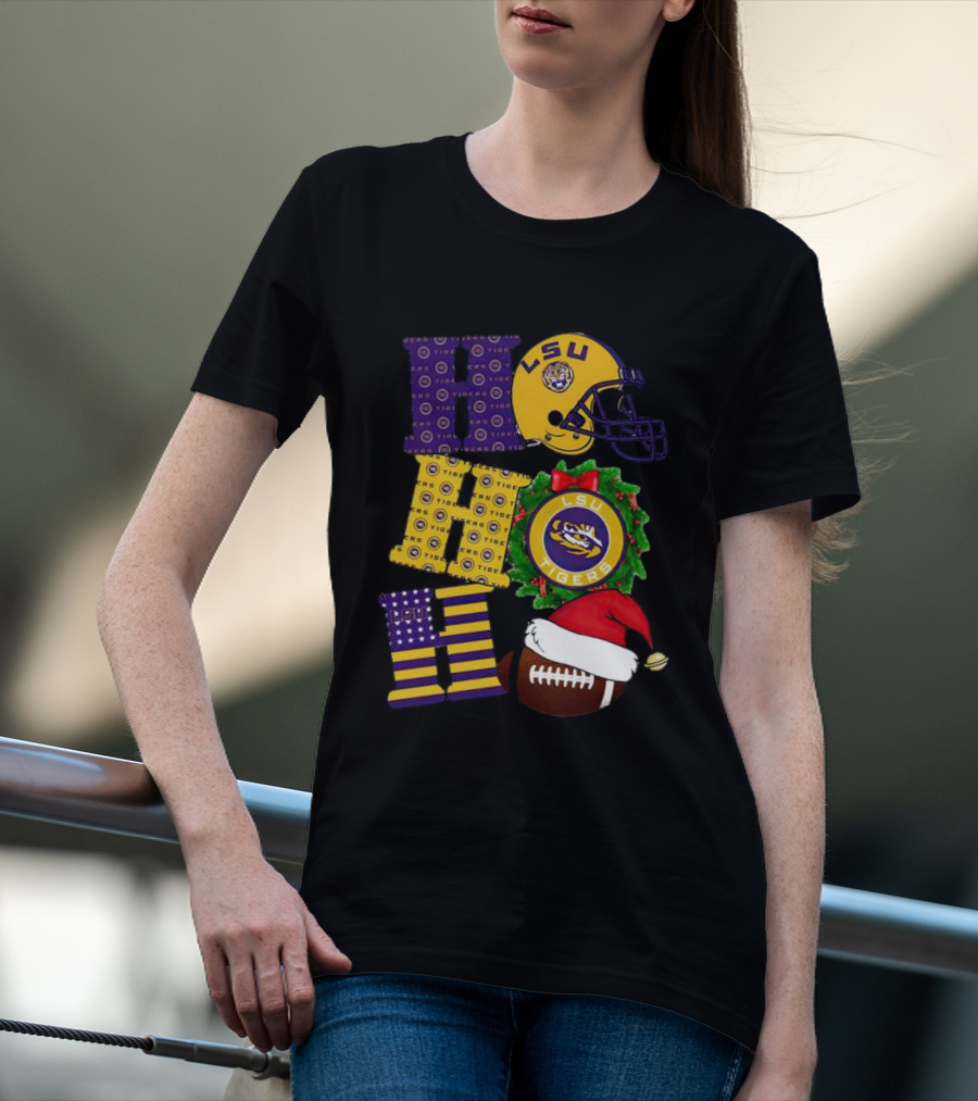 LSU Tigers Christmas Helmet Wreath Football Ho Ho Ho T-Shirt