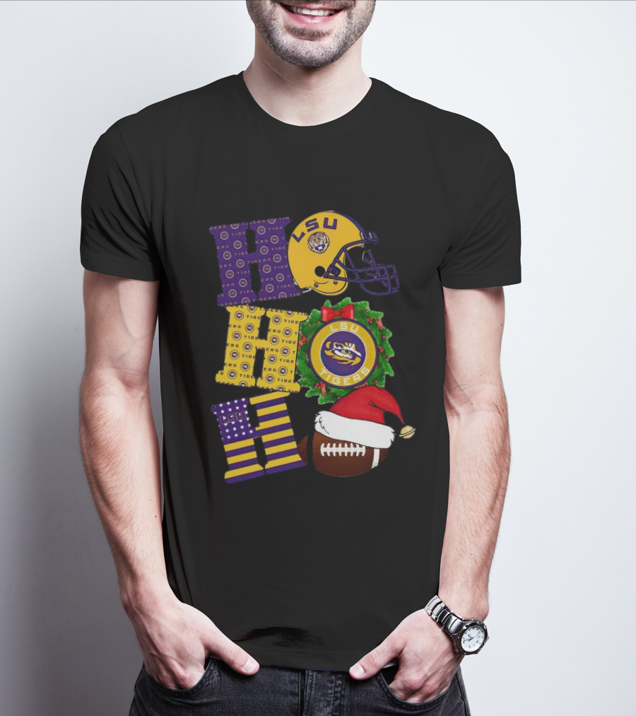 LSU Tigers Christmas Helmet Wreath Football Ho Ho Ho T-Shirt