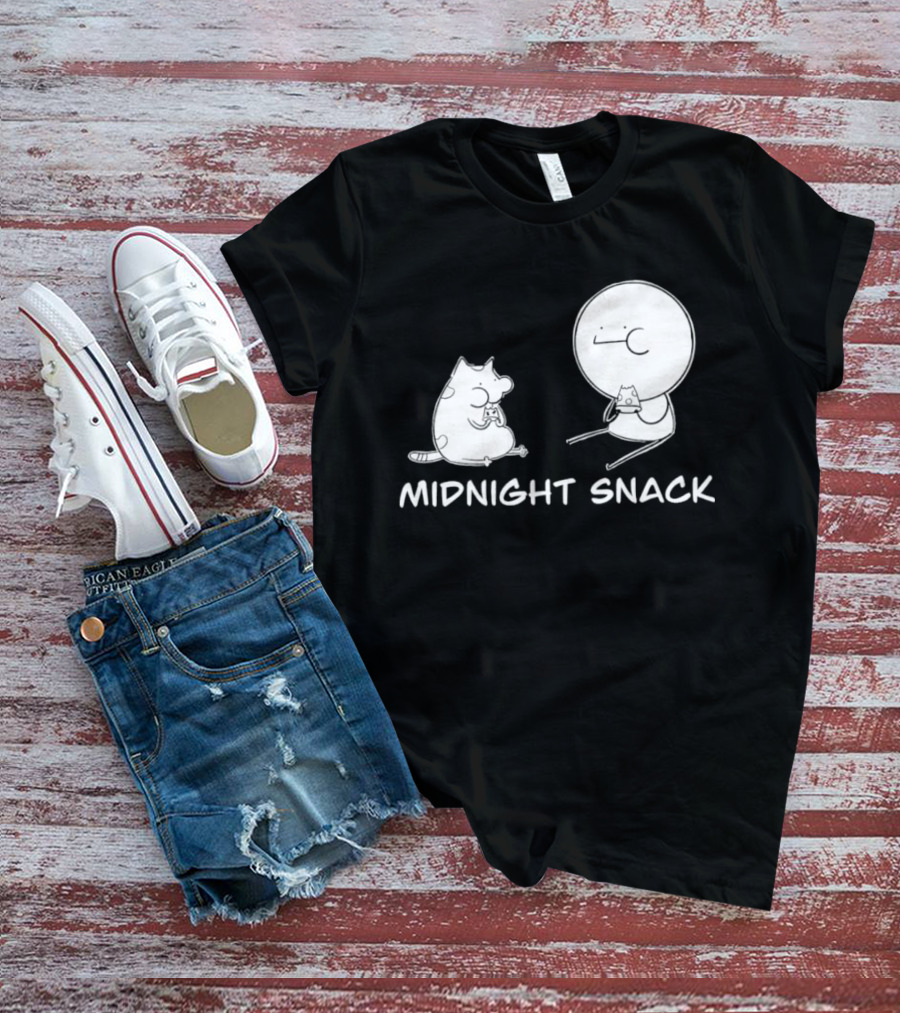 MIDNIGHT SNACK Cat And Stick Figure Eating Pizza T-Shirt