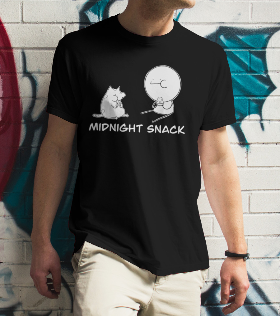 MIDNIGHT SNACK Cat And Stick Figure Eating Pizza T-Shirt