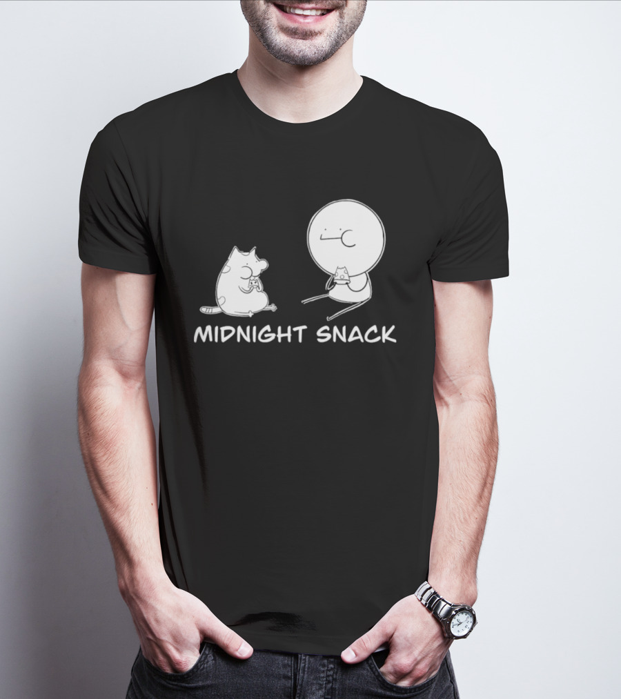 MIDNIGHT SNACK Cat And Stick Figure Eating Pizza T-Shirt