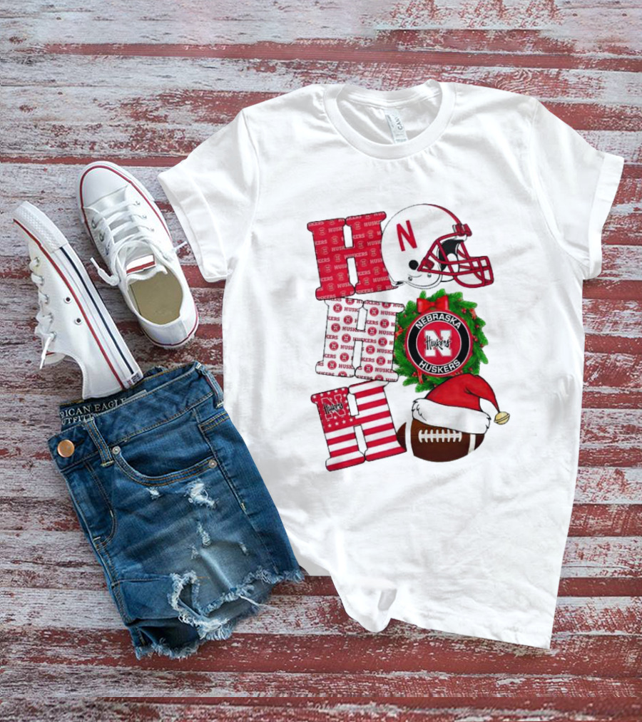 Nebraska Cornhuskers Ho Ho Ho Christmas Football Helmet Wreath Santa Hat Football T-Shirt