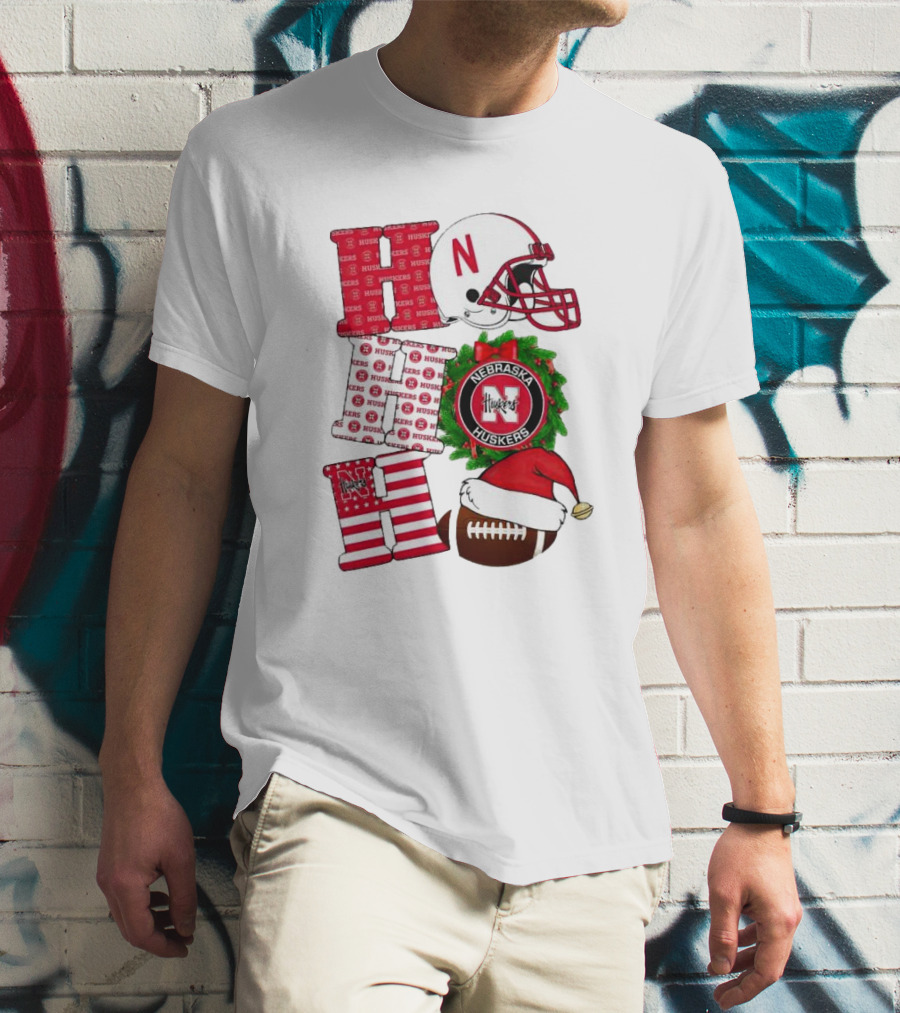 Nebraska Cornhuskers Ho Ho Ho Christmas Football Helmet Wreath Santa Hat Football T-Shirt