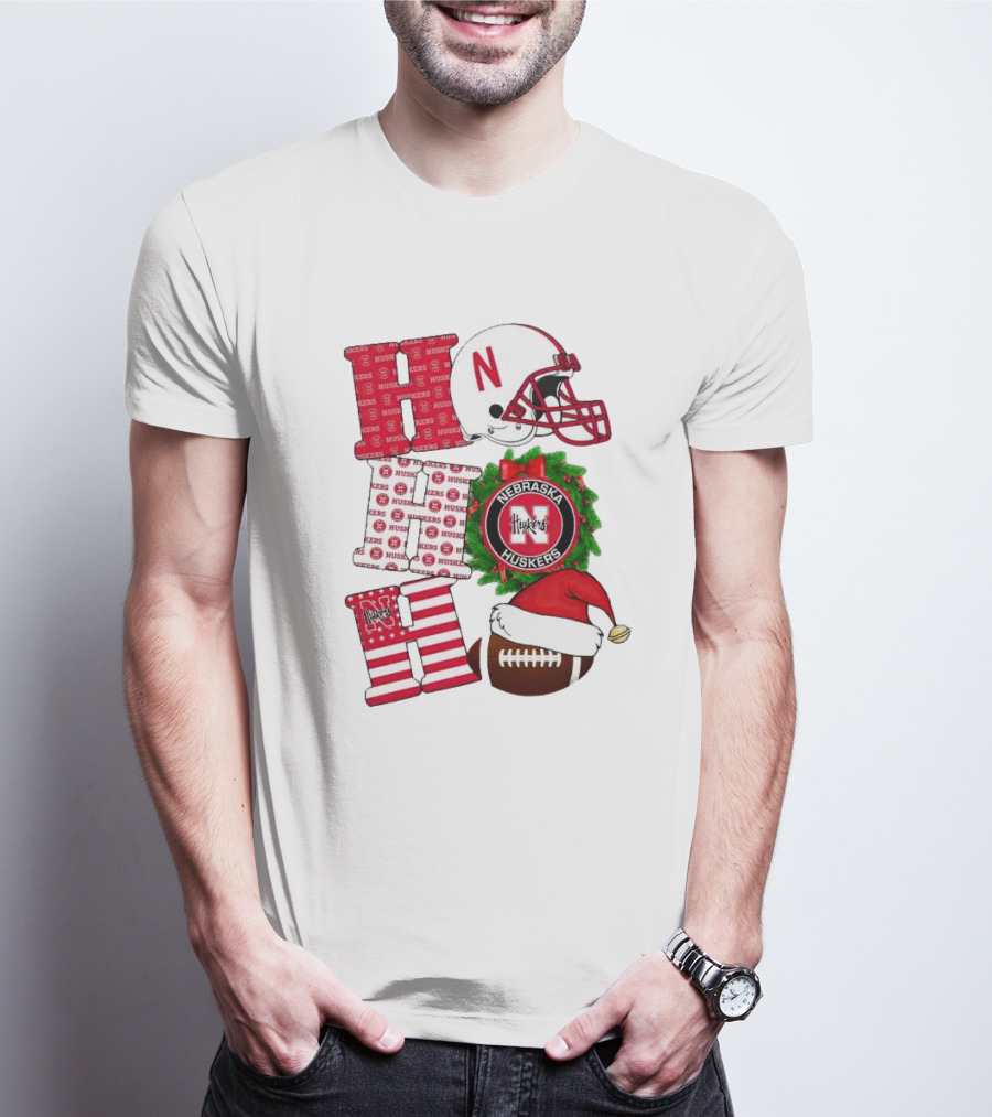 Nebraska Cornhuskers Ho Ho Ho Christmas Football Helmet Wreath Santa Hat Football T-Shirt