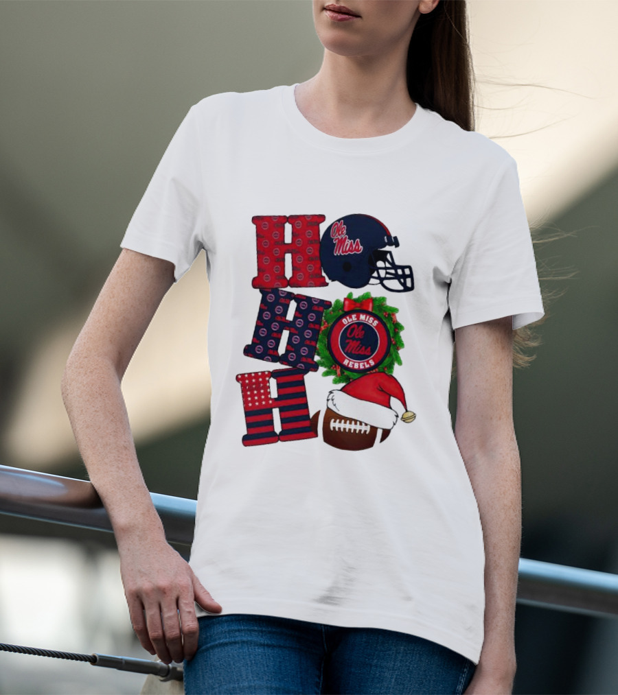 Ole Miss Rebels Christmas Football Helmet Wreath Ho Ho Ho T-Shirt