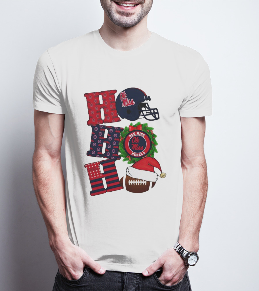 Ole Miss Rebels Christmas Football Helmet Wreath Ho Ho Ho T-Shirt
